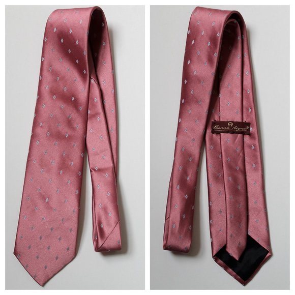 Vintage Etienne Aigner Cranberry Pink Blue & White Embroidered Diamond Silk Tie - Picture 8 of 10
